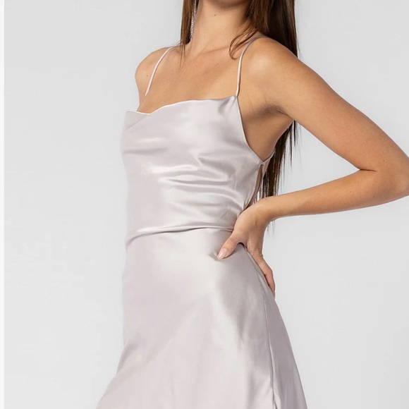 SATIN COWL NECK BACKLESS MINI DRESS GREY